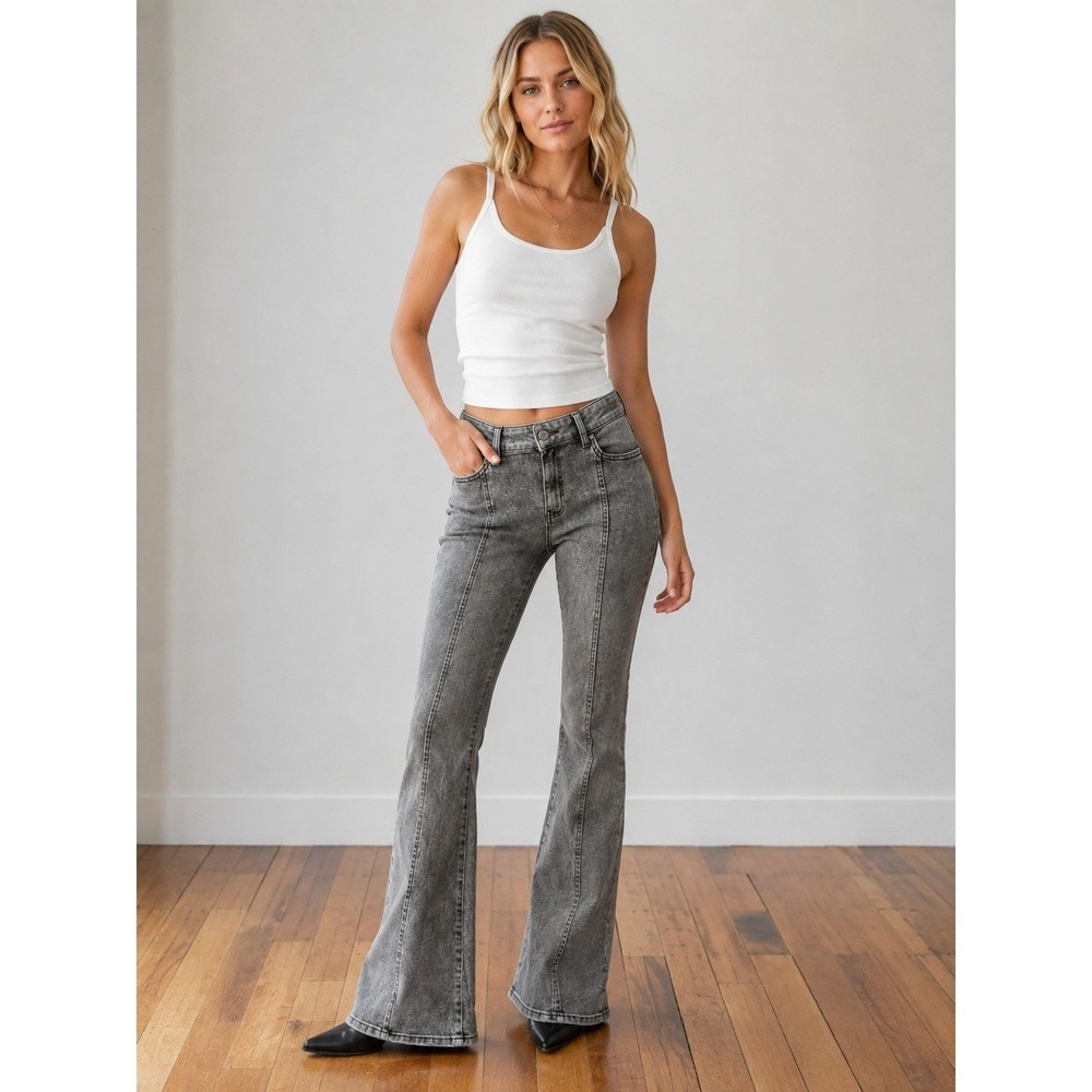 Time and Tru Women Grey Acid Wash Front Seam Flare Jeans Size 10 High Rise Denim